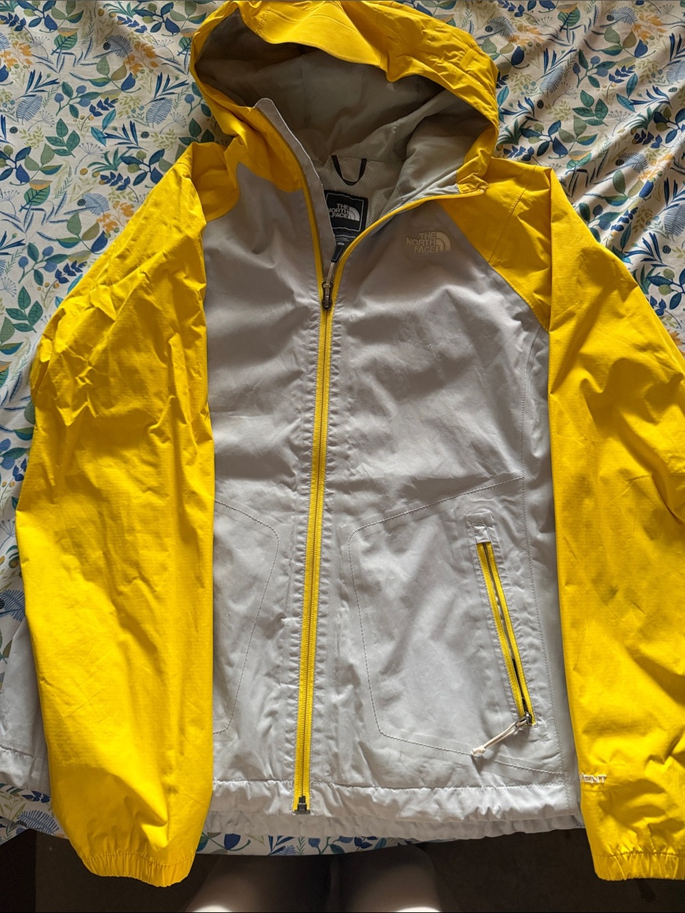 The North Face Yellow and Light Gray Hooded Rain Jacket